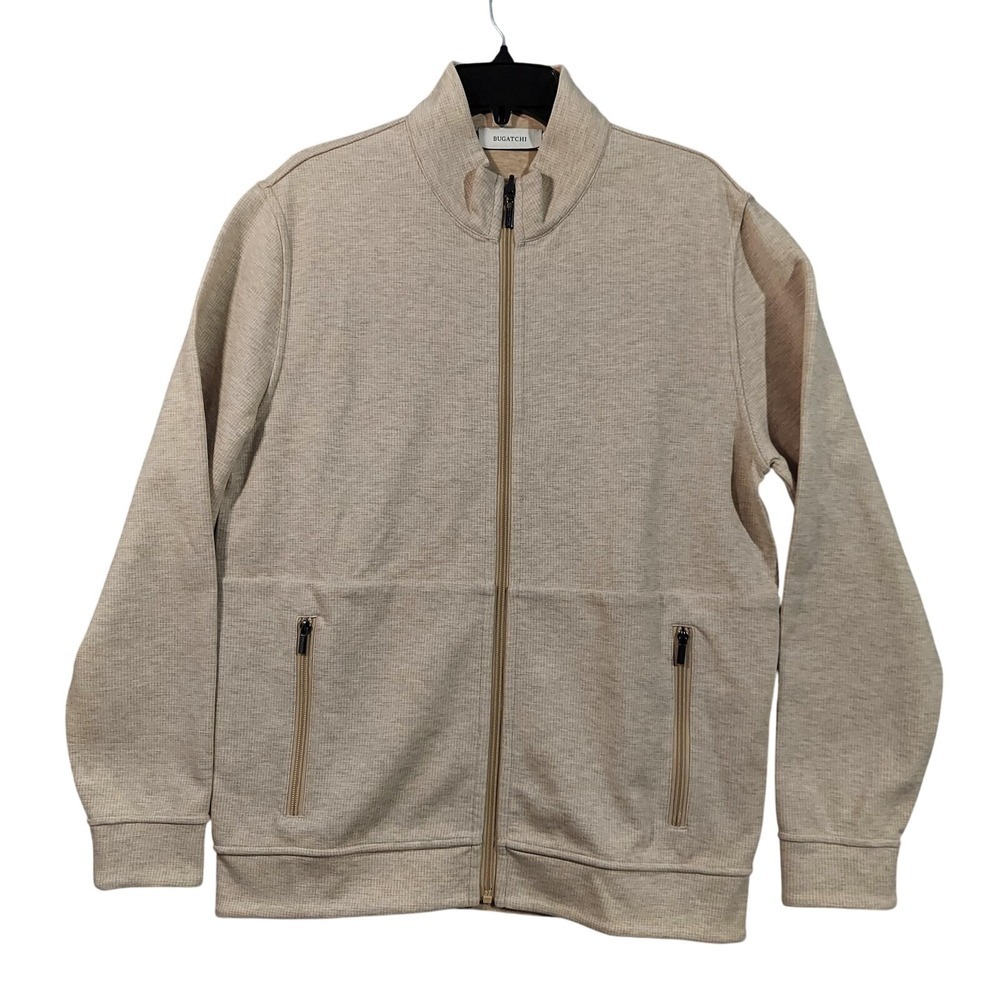 Bugatchi Full Zip Jacket Mens M Sand Textured Cotton Blend Mock Neck DF2405K26
